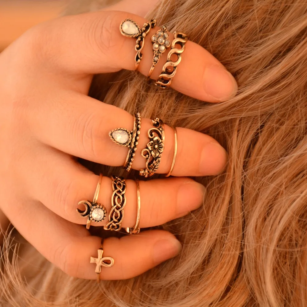 

Bohemian 10pcs/Pack Vintage Elephant Moon Rings Lucky Stackable Midi Rings Set of Rings for Women Jewelry Party Free Shipping