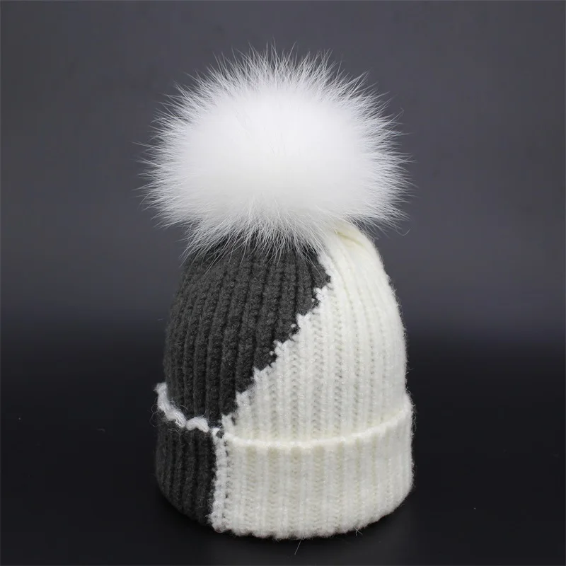 Ditpossible шерстяные вязаные шапочки натуральным лисьим белые меховые шапки для девочек зимняя шапка для Gorro Skullies Шапки Бонне шапочка