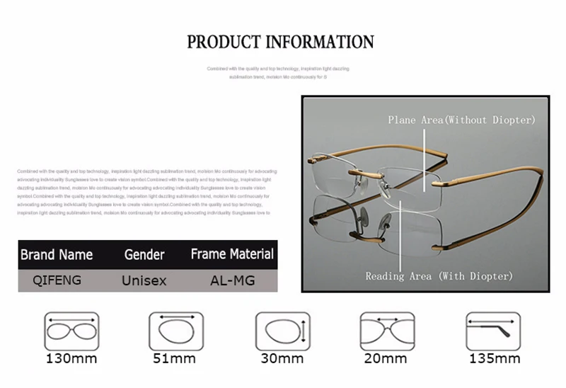 QIFENG бифокальные очки для чтения, мужские и женские очки без оправы для дальнозоркости, мужские и женские очки+ 1,0+ 1,5+ 2,0+ 2,5+ 3,0+ 3,5+ 4,0 QF264