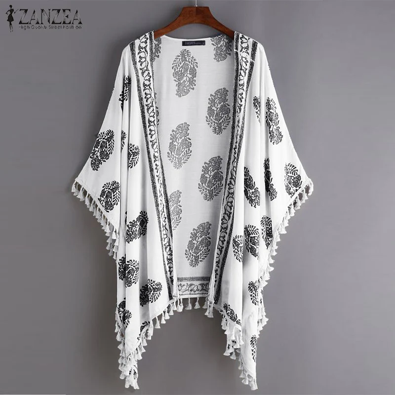 

Women's Summer Blouse Cardigans ZANZEA 2019 Bohemian Printed Tassel Kimono Cape Femme Casual Bawting Sleeve Tunic Blusas Tops