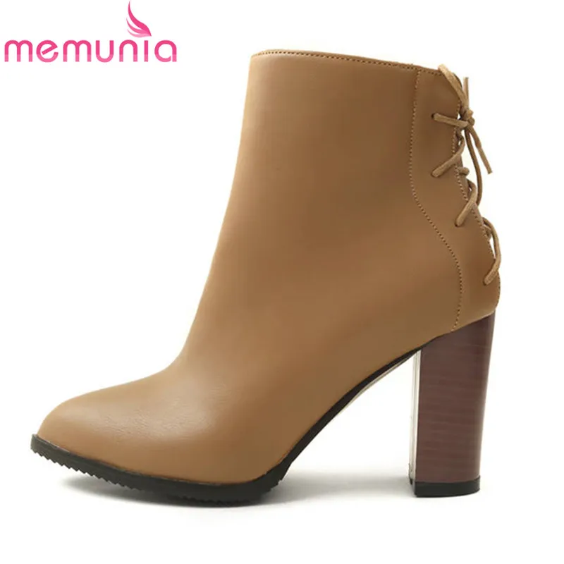

MEMUNIA 2018 plus size 33-44 pointed toe ankle boots women zipper +lace up autumn winter boots high heels shoes woman