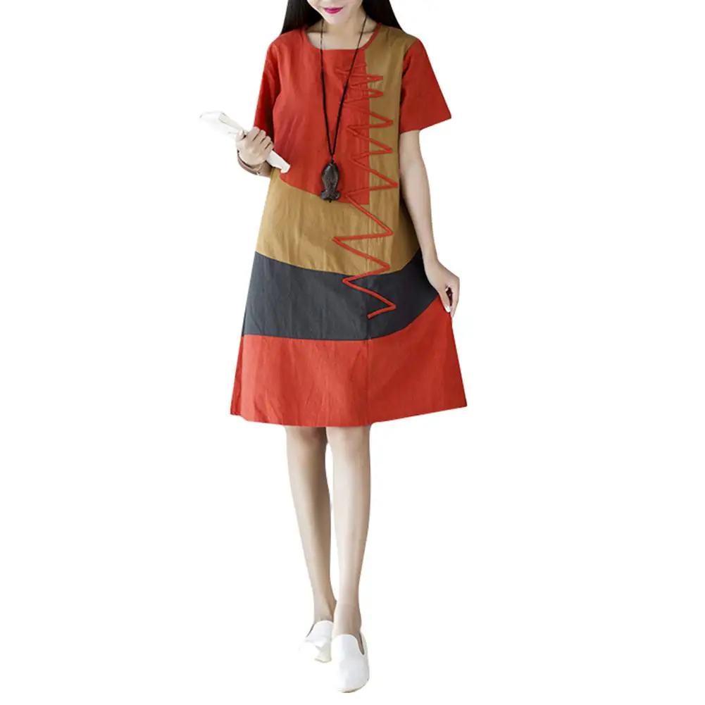 

Yfashion Women Casual Patchwork Round Neck Short Sleeve Dress A-line Skirt Simple Natural Summer Girl High Quality Dress