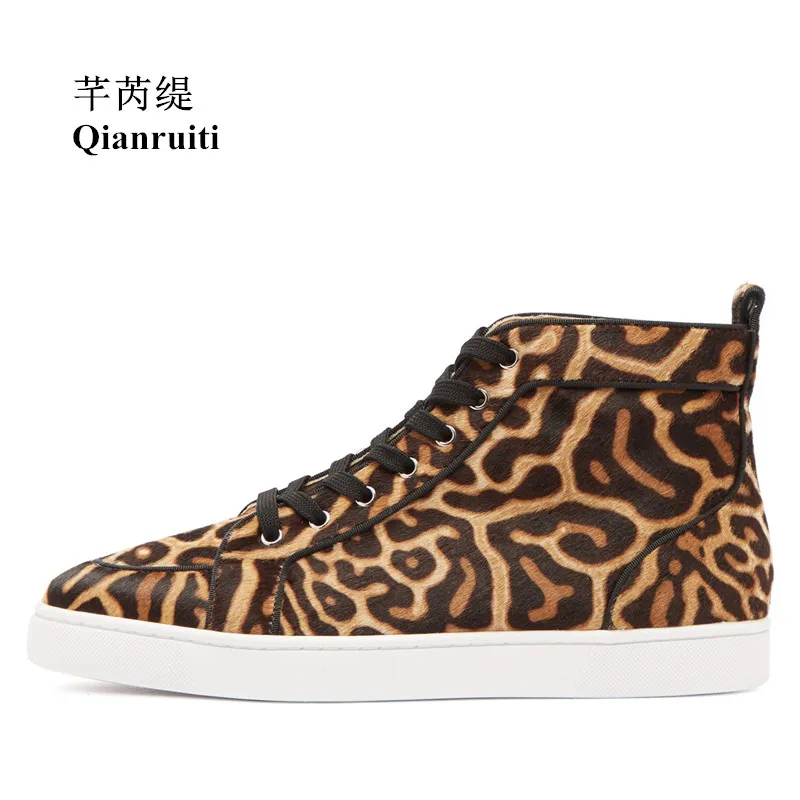 

Qianruiti 2019 Autumn Winter Men Horsehair Sneaker Lace-up Round Toe Flat High Top Men Runway Chaussures Hommes Plus Size39-47