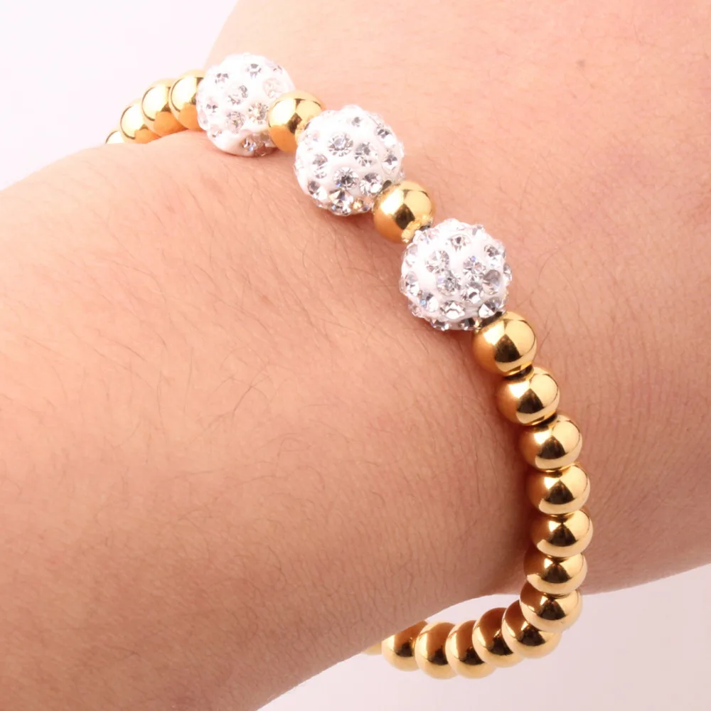 Fashion Womens Jewelry Gold Stainless Steel 6mm Beades with Crystal