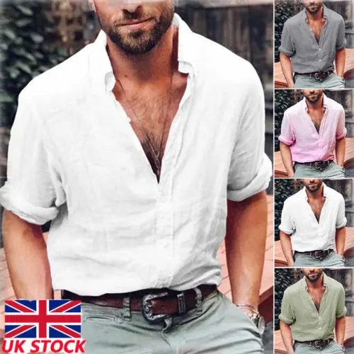 Fashion Men's Cotton Long Sleeve Shirt Summer Cool Loose Casual Shirts V Neck TopsCasual Shirts