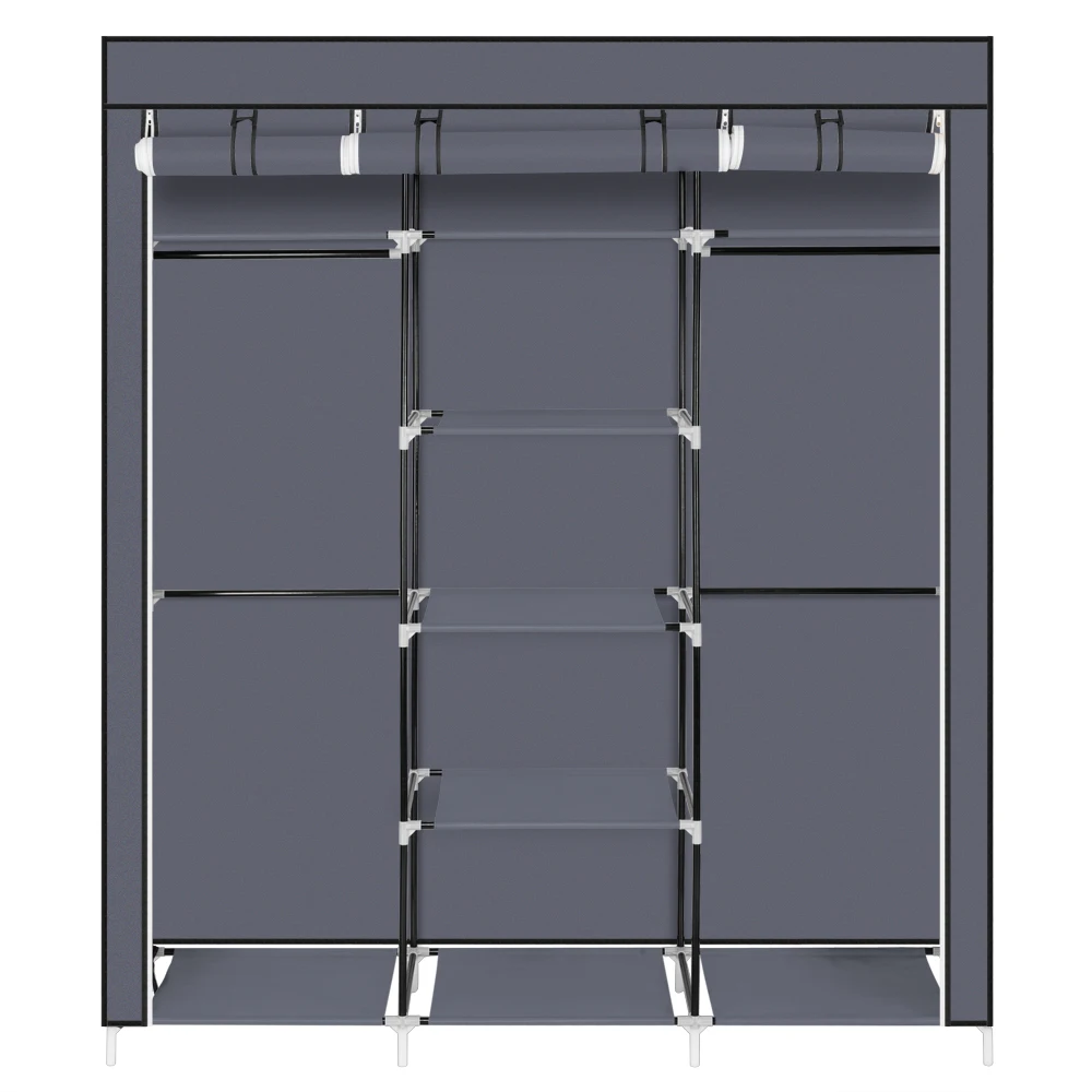 

69" Portable Clothes Closet Non-Woven Fabric Wardrobe Double Rod Storage Organizer Gray