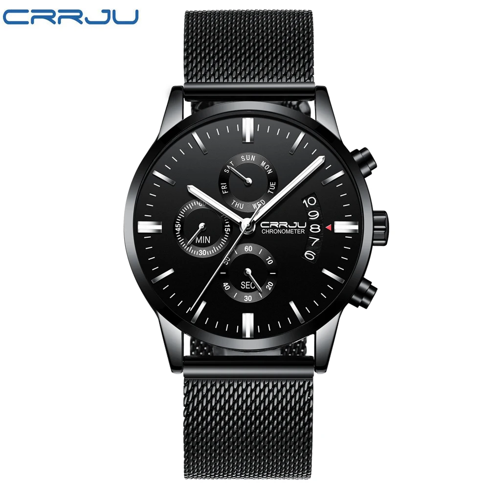 CRRJU New Men's Calander Waterproof Sport WristWatch with Milan strap Army Chronograph Quartz Heavy Watches Fashion male Clock