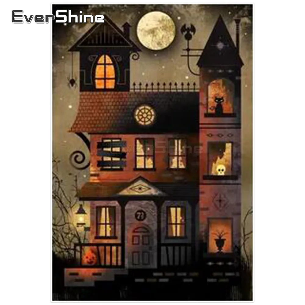 

EverShine DIY Diamond Painting Full Drill Round Scenery Pictures Diamond Mosaic House Diamond Embroidery Halloween Manual Hobby