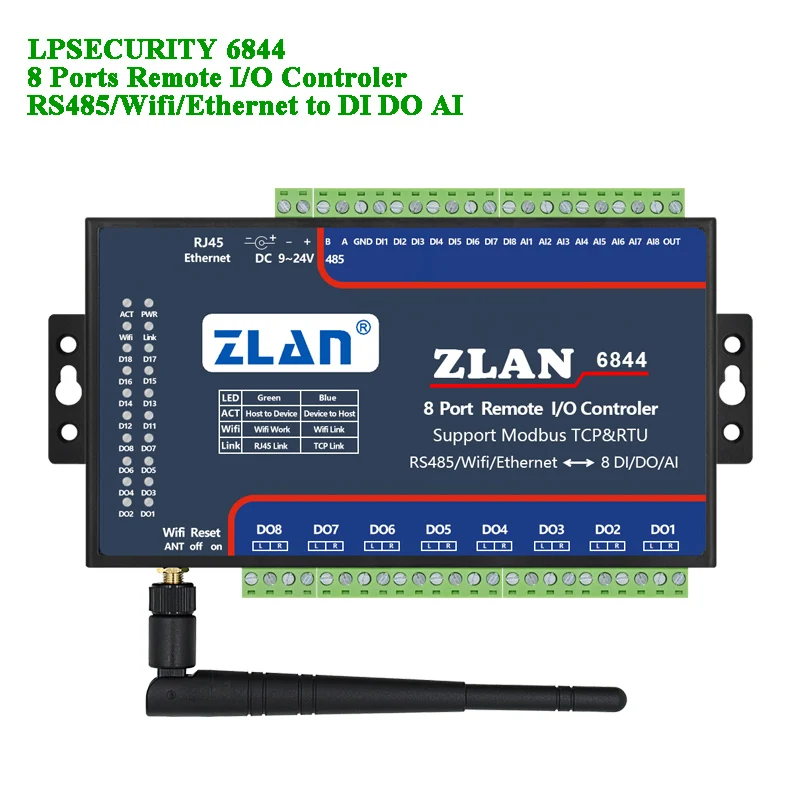 Пульт управления IO 8 портов RS485/wifi/Ethernet для DI DA AI Modbus RTU цифровой вход выход аналоговый 8 канальный I/O Модуль ZLAN6844