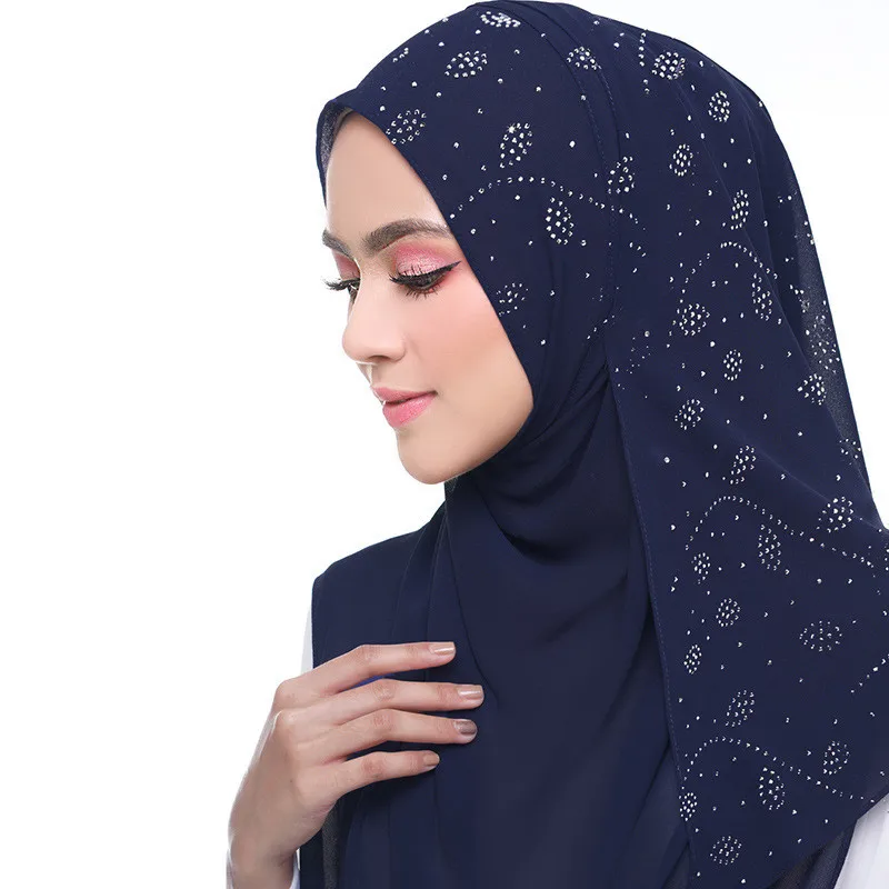 Новинка для женщин со стразами плотный шифон, цвет мусульманский головной платок платки и палантины пашмины бандана женский фуляр хиджаб магазинах