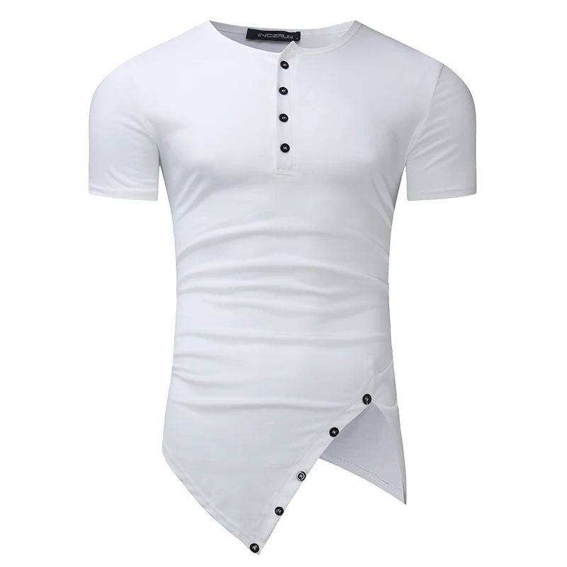 INCERUN, Мужская хлопковая футболка,, короткий рукав, круглый вырез, неровный подол, длинная, на каждый день, Хенли, футболки, мужские футболки, топы