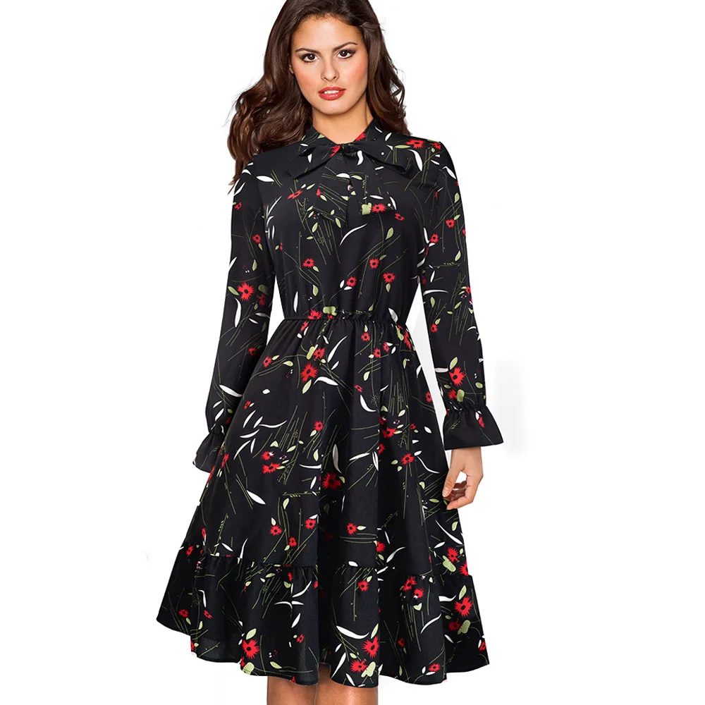Элегантные винтажные платья в горошек с бантиком, деловые вечерние женские платья трапециевидной формы A130 - Цвет: Черный