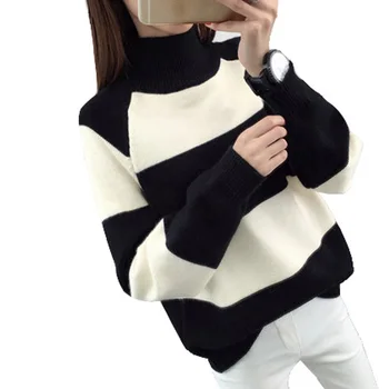 

2017 Women's Loose Students Short Pullovers Autumn Winter Striped Thicken Primer Shirt Turtleneck Sweaters For Women MA0055