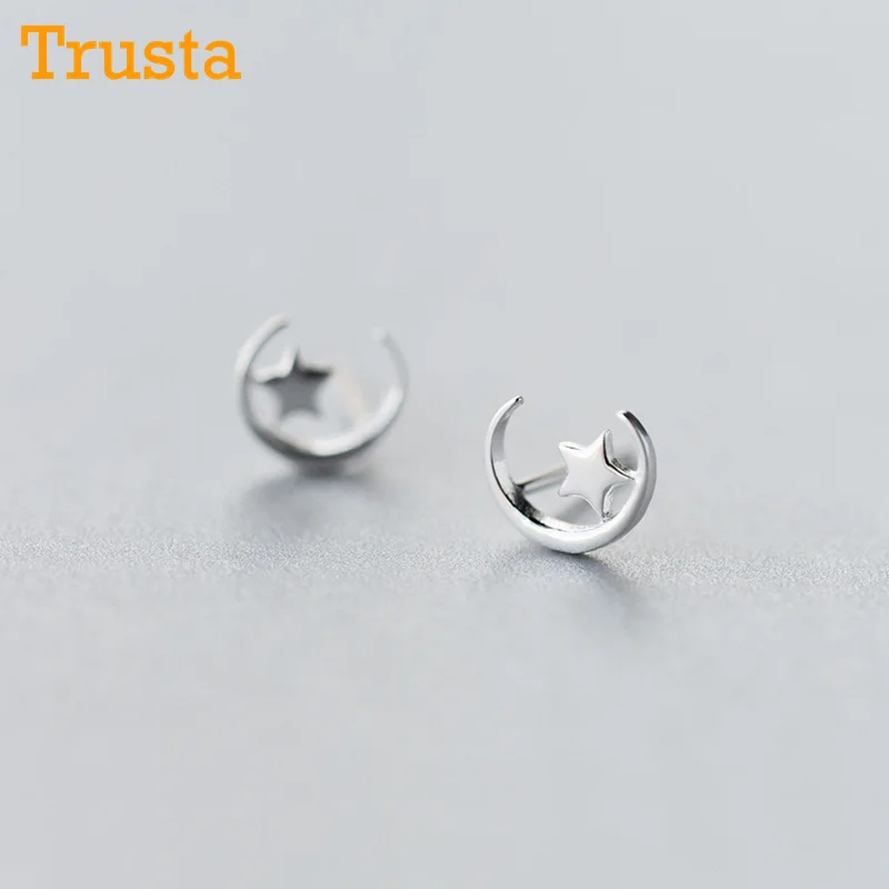

Trusta 100% 925 Sterling Silver Women Jewelry Fashion Cute Tiny 7mmX7mm Moon Star Stud Earrings For Daughter Girls DS81