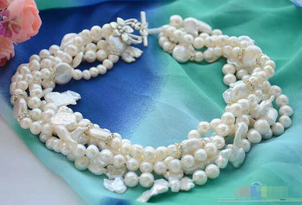 

HOT## Wholesale >>>> 5row 18" NATURE white baroque round coin lamina freshwater pearl necklace