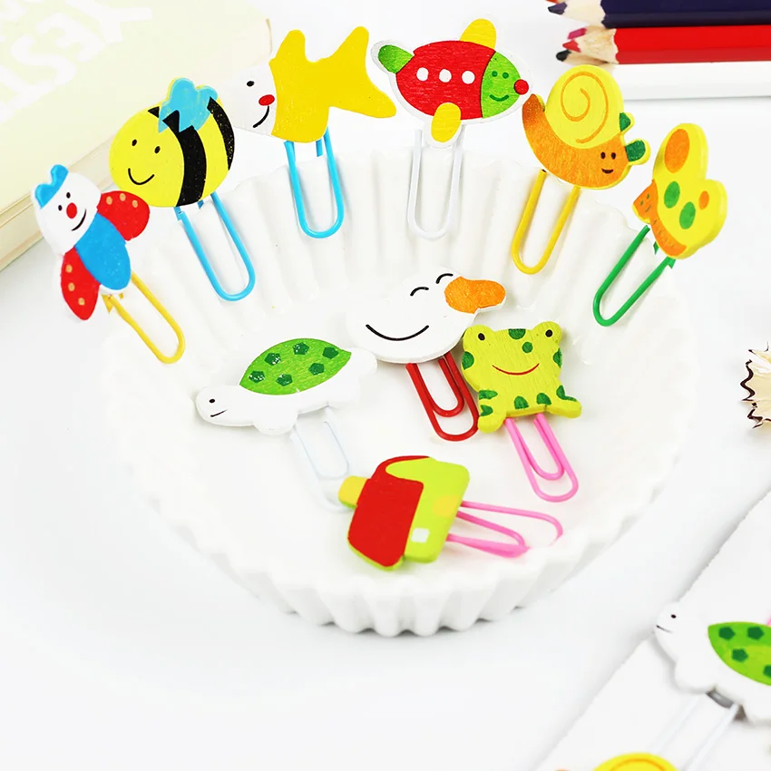 

12PCS Cute Animal Painted Wooden Paperclip Burst Models Stationery Learning Office Supplies Paper Clips Clip Metal