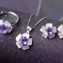 Набор ювелирных изделий из натурального аметиста, кольцо с натуральным драгоценным камнем, серьги, кулон из серебра S925 пробы, модные романтические розы, женские вечерние ювелирные изделия