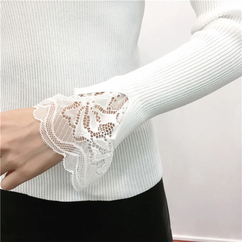 2018 High Elastic Knitted Sweater Women Fall Winter Lace Patchwork Long Sleeve Women Sweaters And Pullovers Female Pull Femme