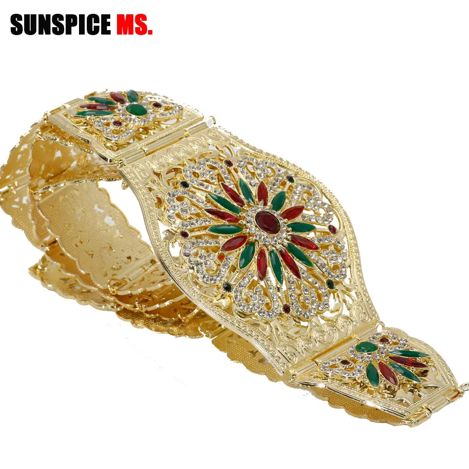 

SUNSPICE-MS Morocco Women Gold Belt For Wedding Dress Colorful Rhinestones Ethnic Caftan Wide Waist Chain Body jewelry 2019