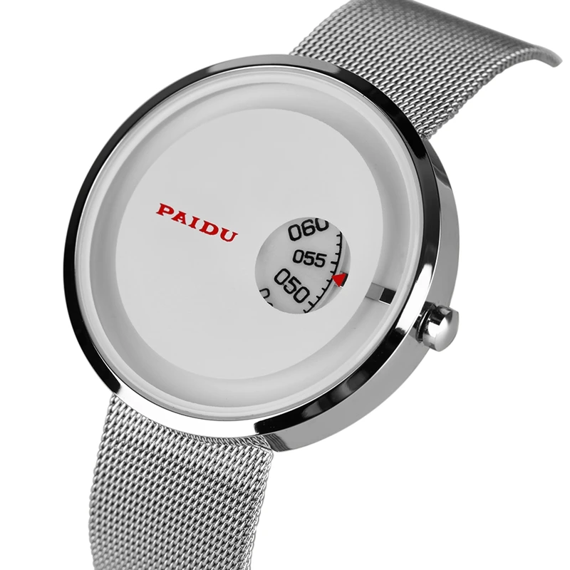 

PAIDU Unique Turntable Dial Round Circle Watches Men's Womens Stainless Steel Mesh Band Quartz Wristwatch Man Clock Reloj Hombre