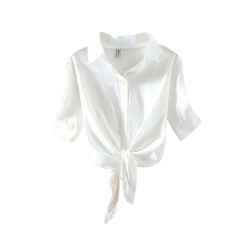 

White Color Casual Wild Fashion Women's Shirts Korean Style Half Sleeves Turn-down Collar Bow Short Women Tops And Blouses