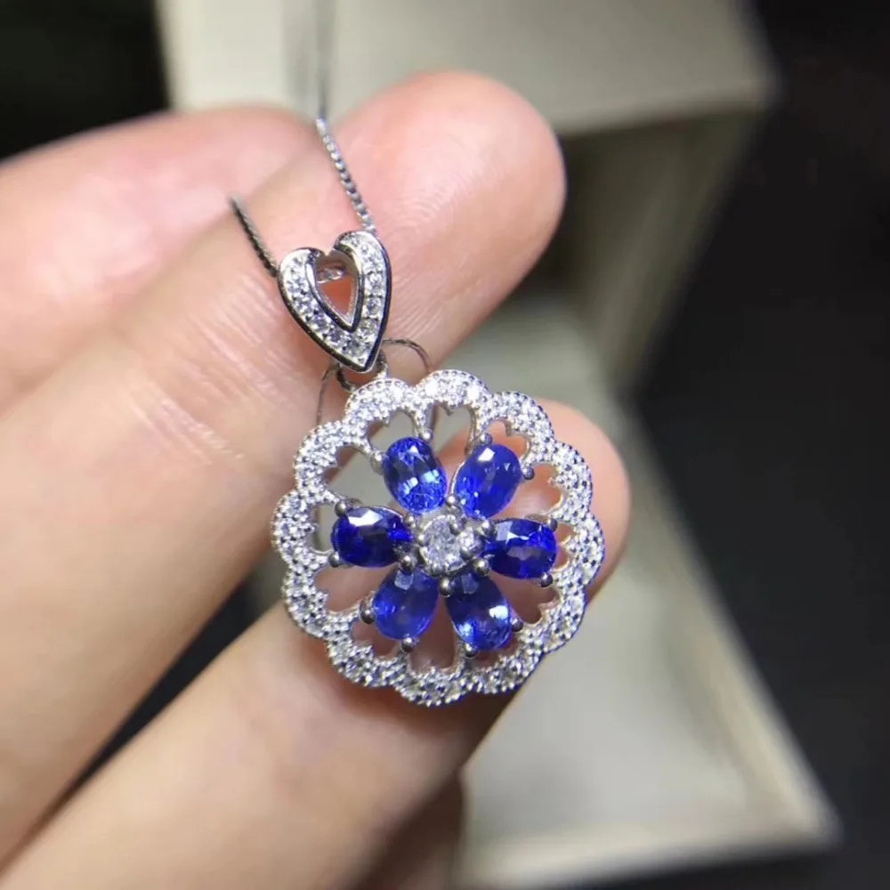 Collier pendentif fleur saphir bleu naturel élégant collier S925 argent pierre précieuse naturelle
