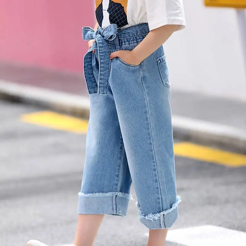 2018 New Light Blue Washed Denim Jeans Girls Solid Belted Loose Fit ...