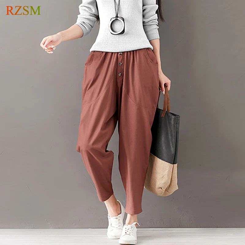 Spring Autumn Women Cotton Linen Boho Harem Pants Elastic