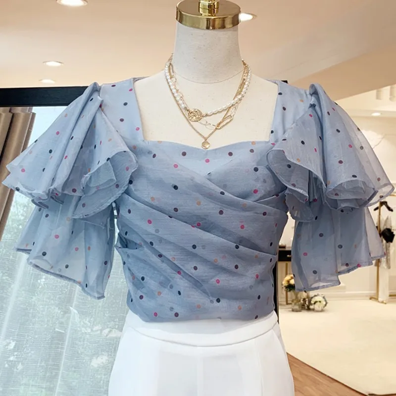 TWOTWINSTYLE сексуальная женская блузка в горошек квадратный воротник оборки рукав