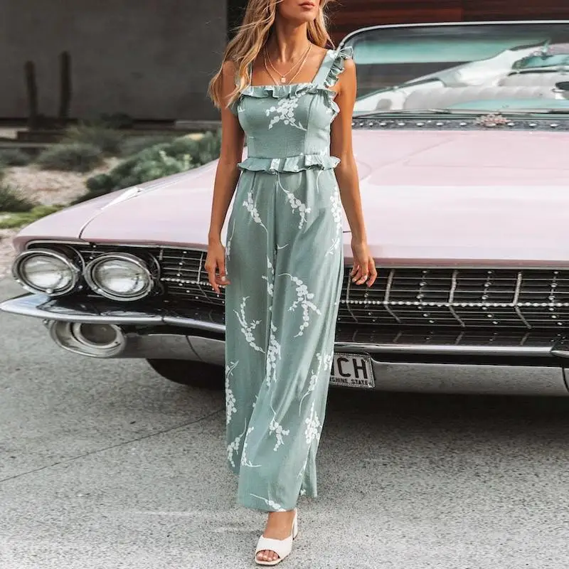 

Femajor Fashion Green Print Spaghetti Women Jumpsuit Female High Waist Backless Wide Leg Long Rompers Chic Plus Size Jumpsuit