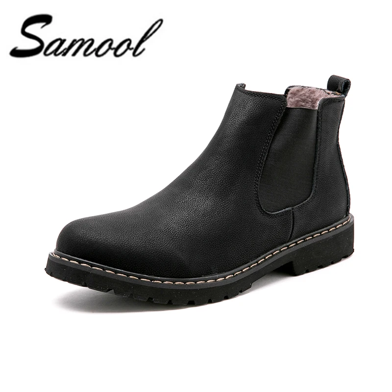 

Mens Genuine Leather Fashion Business Flats Snow Boots for Men Man Solid Warm Keep Warm Black Slip-on Shoes for Winter XX4