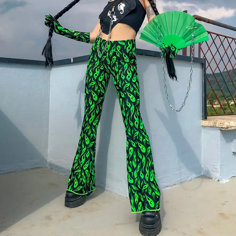

streetwear hippie green printed flare pants Punk bell bottom pants Summer casual trousers rave festival pantalon femme 2019