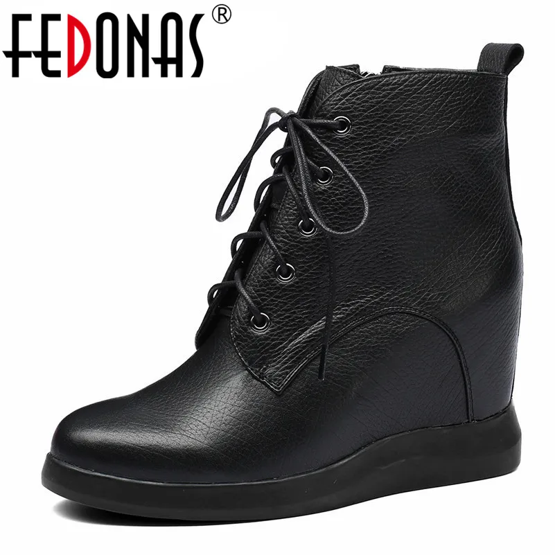 

FEDONAS New 2019 Genuine Leather Ankle Boots Wedges High Heels Lace Up Short Martin Shoes Soft Leather Office Pumps Casual Shoes