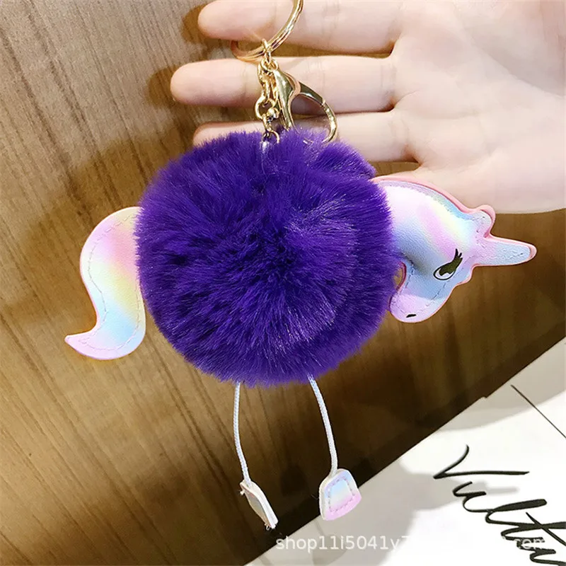 Unicorn pom keychain Artificial pompoms rabbit fur ball pompon key chain women bag car keyring porte clef holder fluffy pom pom