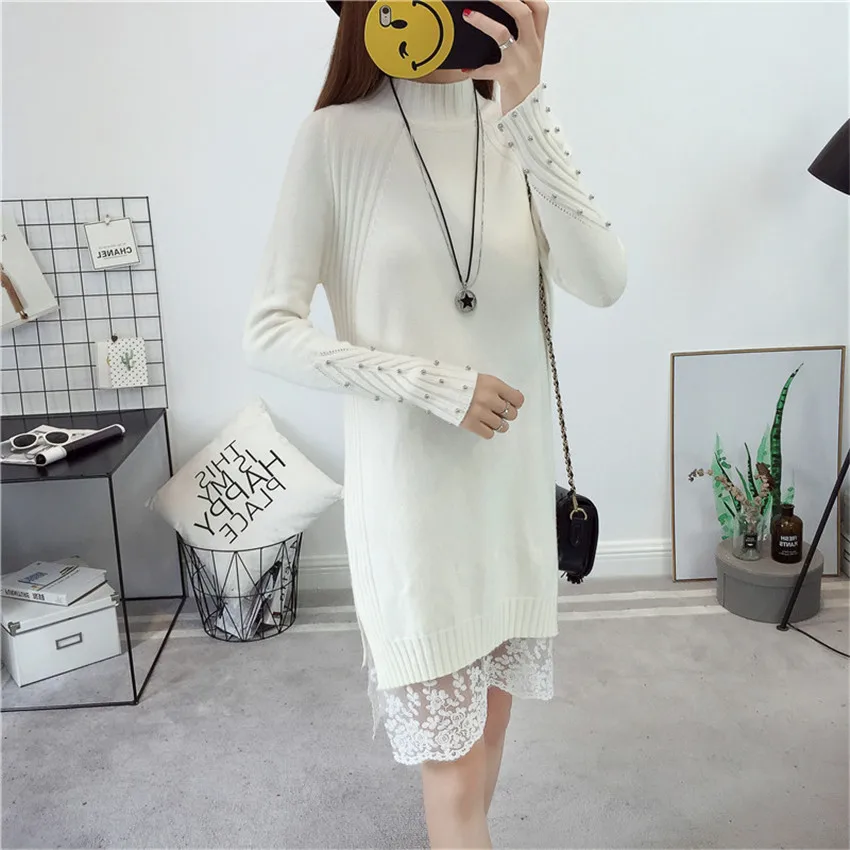 Женское трикотажное платье свитер с высоким воротником и разрезом|dress autumn|new