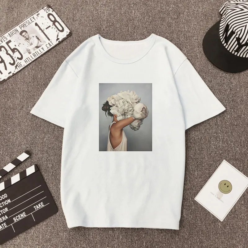 

Korean Plus Size Women Summer Fashion Blouse Lady Flowers Feather Print Casual Women Tops Short Sleeve O-neck White Blusa Mujer