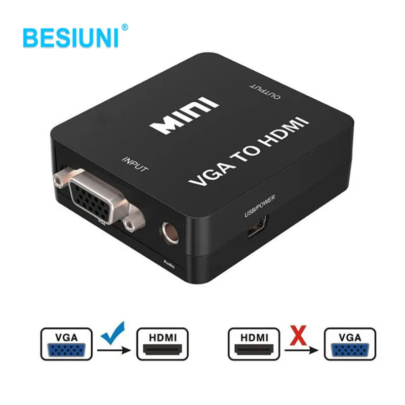 

BESIUNI 1080P black Mini VGA to HDMI Converter With Audio VGA2HDMI 1080P Adapter Connector For Projector PC Laptop to HDTV