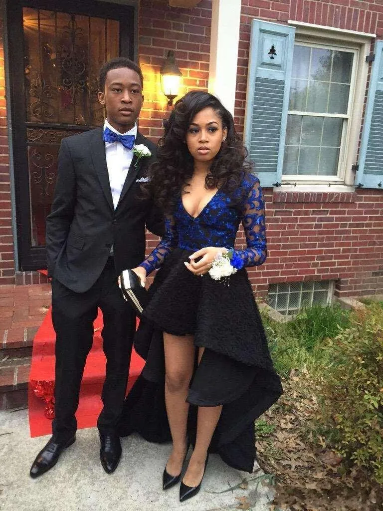 African Royal Blue and Black High Low Prom Dresses for Black Girls Long