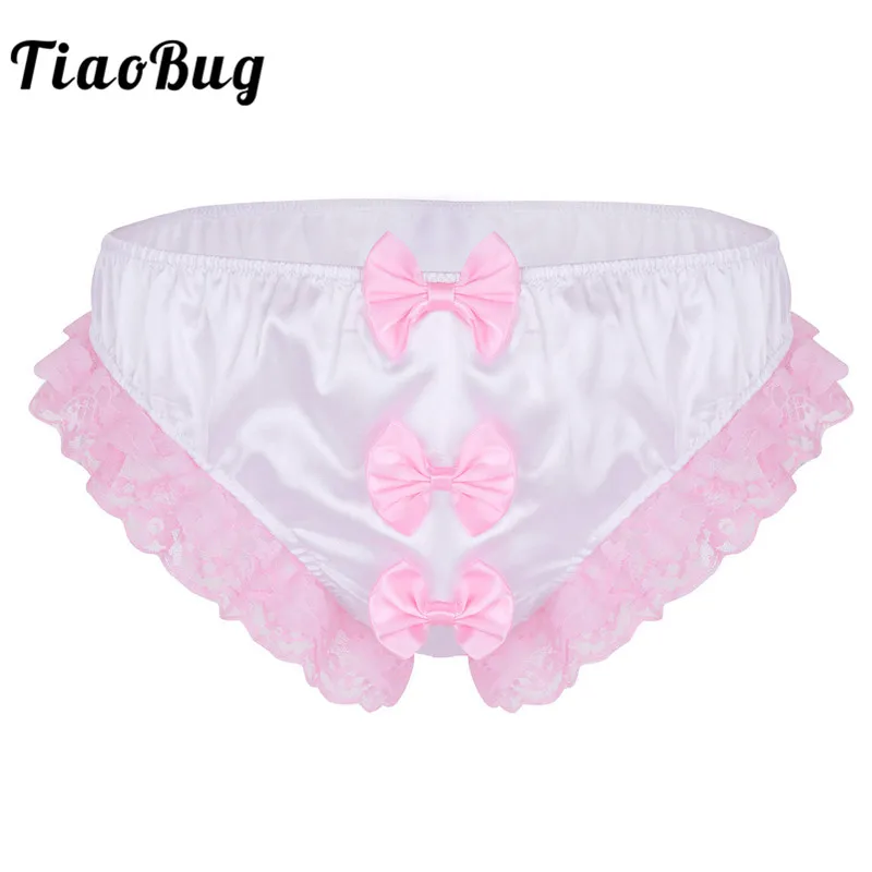 

TiaoBug Mens Lingerie White Pink Shiny Ruffle Floral Lace Bows Sexy Men Gay Stretch Thong Briefs Hot Underwear Sissy Panties