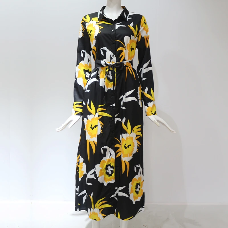 Aachoae Summer Long Dress Women Floral Print Boho Dress Long Sleeve Turn Down Collar Shirt Dress Ladies Casual Dresses Vestidos