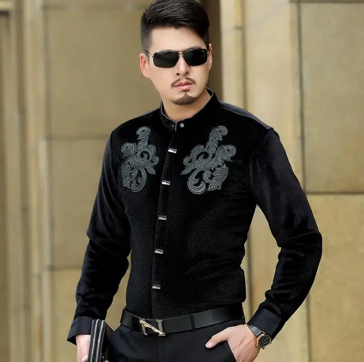 Top Fashion Luxury Mens Silk Velvet Long Sleeve Shirts Black Blue ...