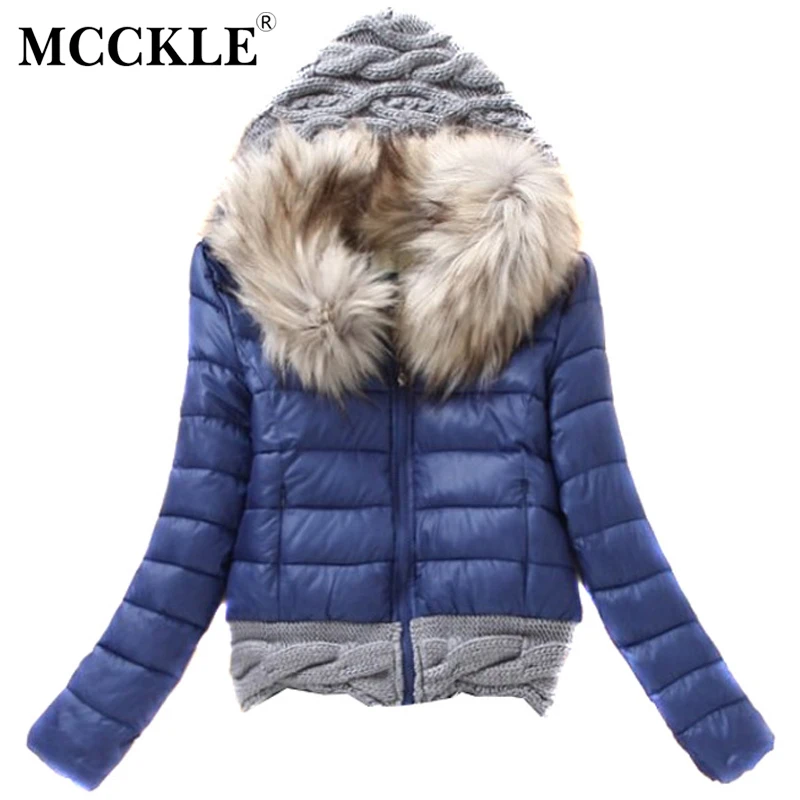 

MCCKLE Winter Jacket Women Knitted Patchwork Hooded Parka Fur Collar Fashion Slim Short Winter Coat Plus Size Chaqueta Mujer
