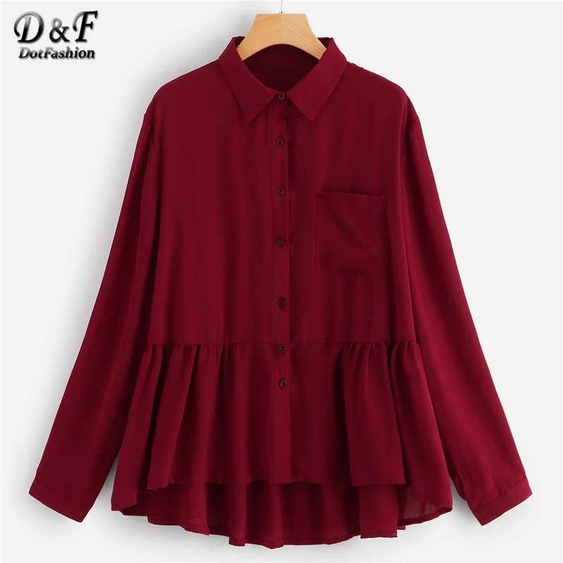  Dotfashion Plus Size Burgundy Ruffle Hem Solid Shirt Womens Plus Size Fashions 2019 Casual Ladies T