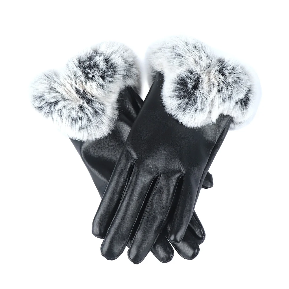 Женские перчатки из искусственной кожи, утепленные меховые зимние теплые варежки, женские перчатки с сенсорным экраном, теплые перчатки