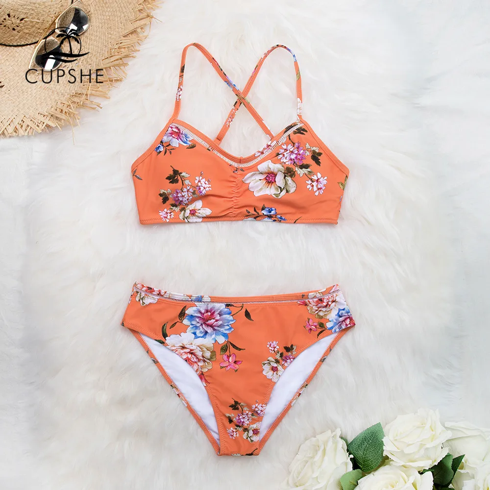 

CUPSHE Orange Floral Bralette Bikini Sets Sexy Cut Out Crisscross Swimsuit Two Pieces Swimwear Women 2019 Beach Bathing Suit
