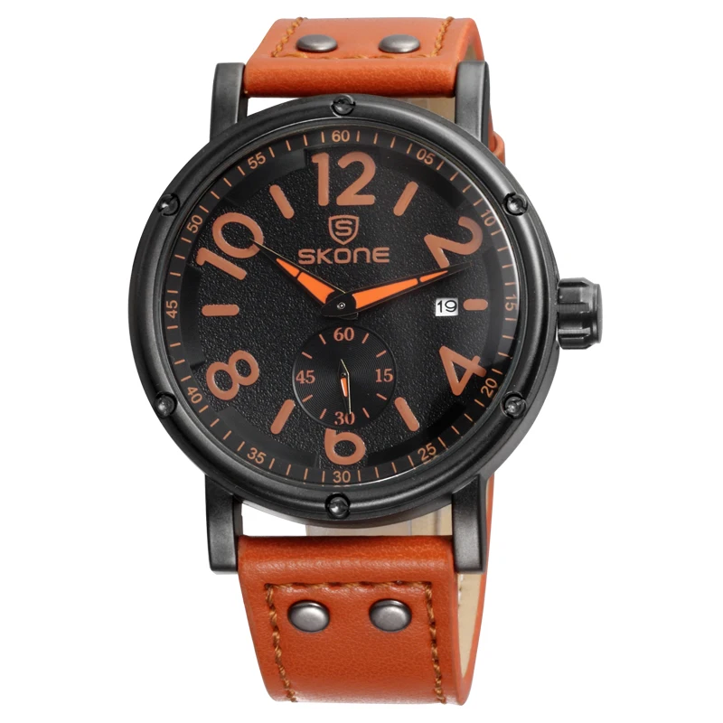 SKONE Brand Men's Military Watches Large Dial Big Digit Personality Second Hand Leather Wristwatch