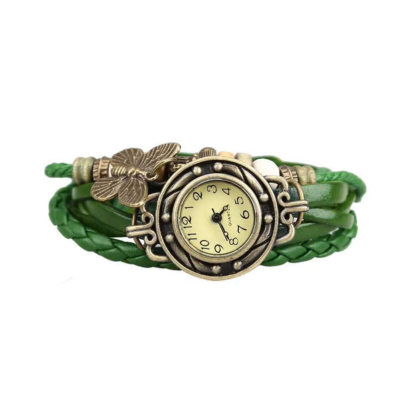 

Women Retro Bracelet Weave Wrap Faux Leather Butterfly Beads Wrist Watch LXH