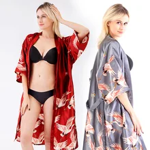 Ночная рубашка, женское летнее платье, имитация шелка, халат, сексуальный принт, длинный параграф, халат для девушек, невесты, подружки невесты, пеньюар, красный банный Халат