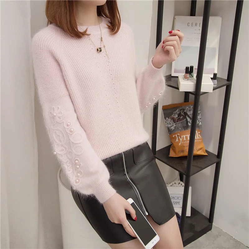 2019 Rhinestone Ans Faux Fur Embellished Cuff Jumper Grey Crew Neck Casual Pullovers Autumn Elegant Long Sleeve Sweater | Женская одежда