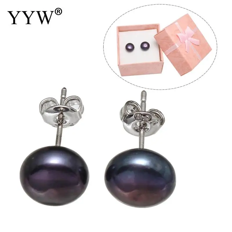 

YYW Mom Birthday Jewelry Gifts Natural Freshwater Pearl Earrings with Box Women 8-9mm Black Dome Pearl Stud Earrings